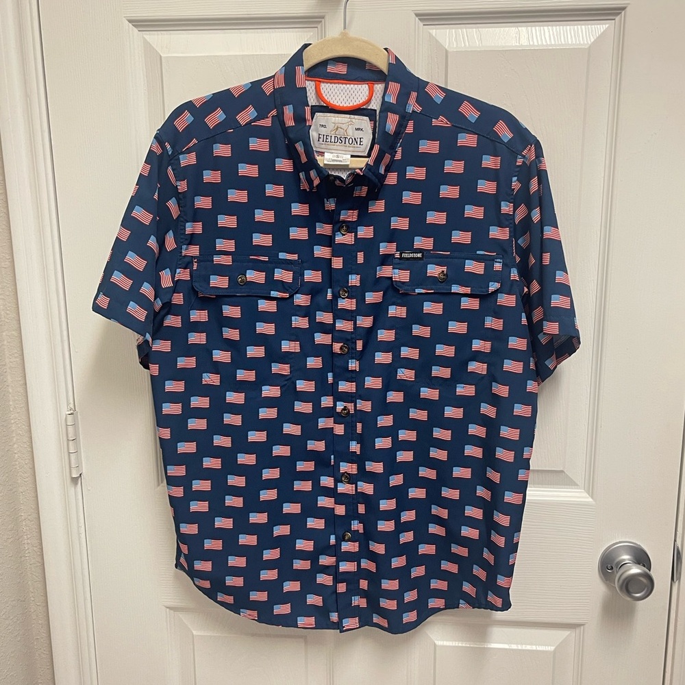 Fieldstone Navy American Flag Button Down Fishing Shirt